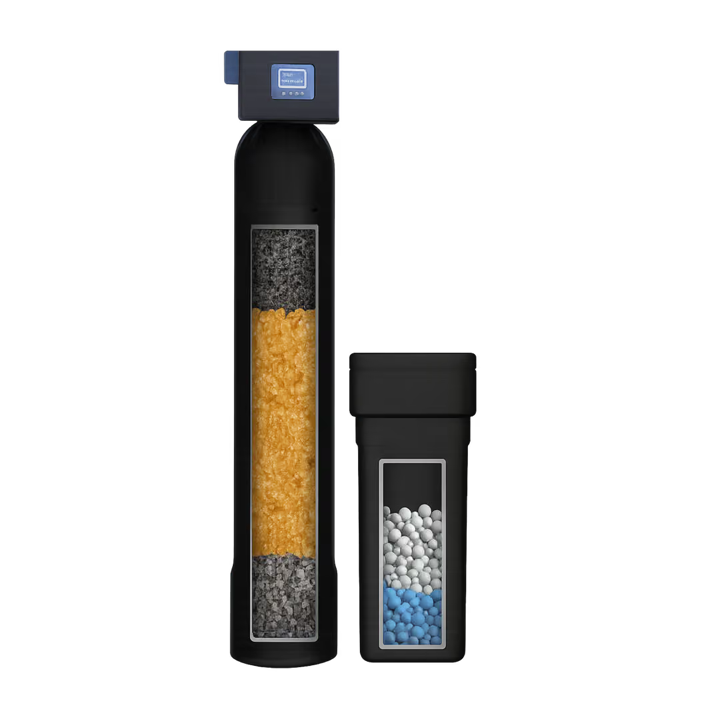 Whole-home water softener with carbon filtration and brine tank
